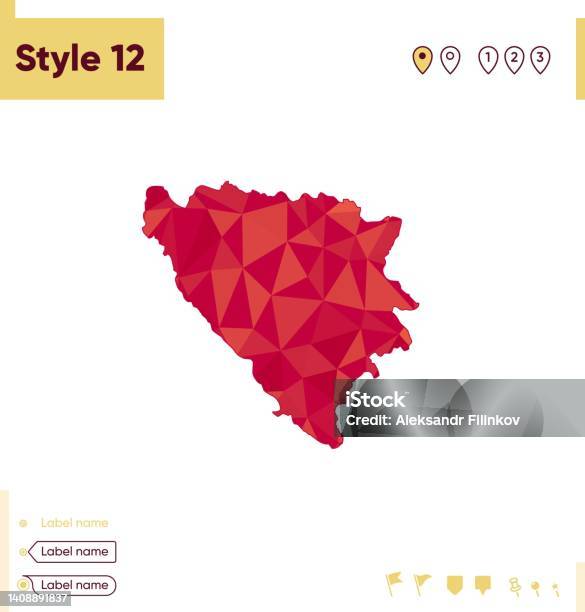 Bosnia Ed Erzegovina Mappa Rossa Bassa Poly Mappa Poligonale Mappa Di