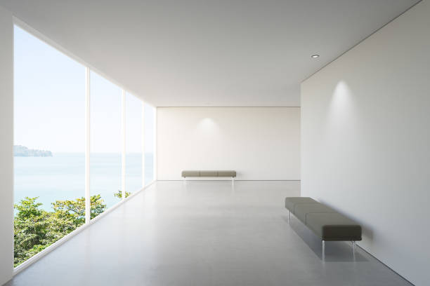 rendering 3d di interior design di lusso di moderni showroom vista mare o casa sulla spiaggia. - art museum museum architecture bench foto e immagini stock