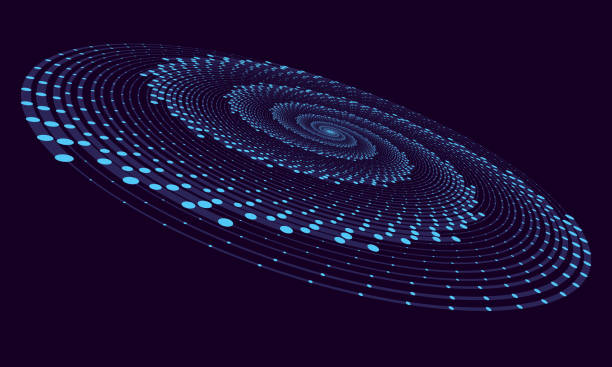 istock Perspective view to abstract halftone dotted circle. Spiral universe concept. Hypnotic illustration on dark background. Big Data concept. 1408892786