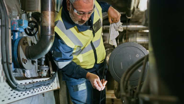 A professional mechanic checks the engine oil level of an automotive machine. Maintenance process, a quality control officer performs his duty. Examining oil level and quality check with a dipstick.