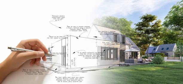 Architect creative process 3D rendering of a hand scribbling technical details on a luxury house draft. The handwriting is dummy text for illustration purposes show home stock pictures, royalty-free photos & images