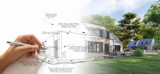 3D rendering of a hand scribbling technical details on a luxury house draft. The handwriting is dummy text for illustration purposes