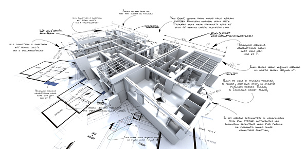 3D rendering of an architecture project in progress. The handwriting is dummy text for illustration purpose