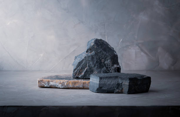 istock dark stone podium stage, stone composition for show product 1408896773