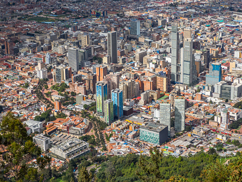Bogota, Colombia - September 12, 2019: View for the modern center of Bogota from the top of the Monserrate mountain, Bogotá, Colombia, Latin America