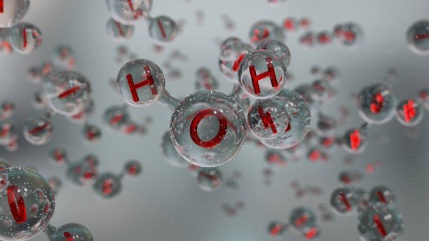 istock Water molecules, Molecular chemical formula H2O, odorless, Ball and Stick chemical structure model, Macro Liquid Bubbles, particles inside droplet, 3d render 1408899531