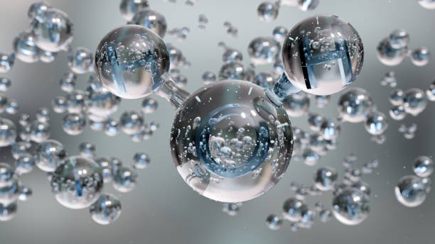 Water molecules, Molecular chemical formula H2O, odorless, Ball and Stick chemical structure model, Macro Liquid Bubbles, particles inside droplet, 3d render stock photo