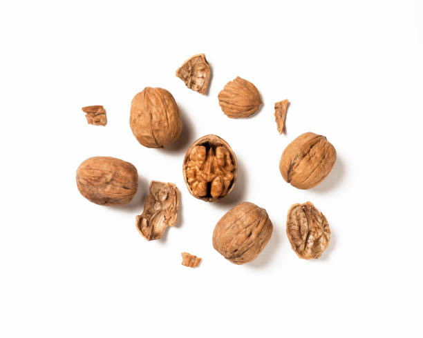 istock Whole walnut on white. Half Walnut isolate. Full depth of field. pieces of shell. 1408900249