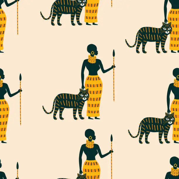 Vector illustration of Tribal African woman in traditional skirt with spear and tiger hand drawn vector illustration. Beautiful black girl with spear and wild cat seamless pattern for fabric or wallpaper.