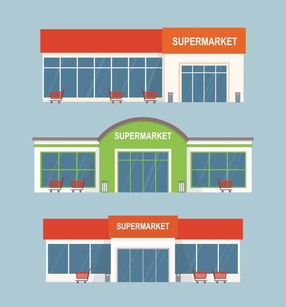 Set of different supermarket buildings. Isolated on gray background. Set of different supermarket buildings. Isolated on gray background. Flat style, vector illustration. supermarket stock illustrations