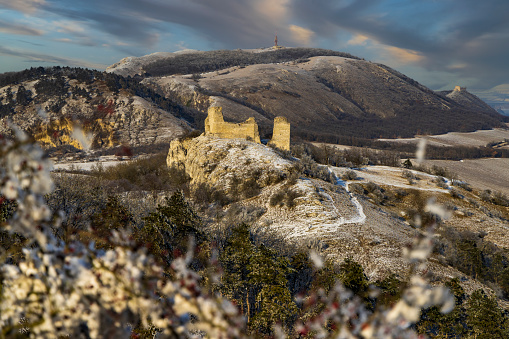 Palava winter landscape with Sirotci hradek ruins, Southern Moravia, Czech Republic