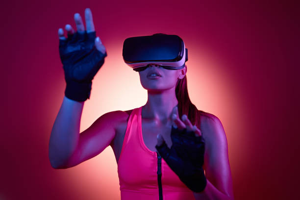 istock Young woman in virtual reality glasses gesturing 1408900767