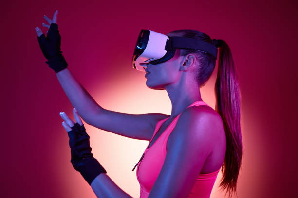 istock Young woman in virtual reality glasses gesturing 1408900801
