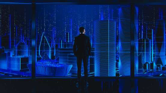 VFX Futuristic Business Concept. Businessman Standing in Front of Digitally Generated Futuristic City with Rendered Skyscrapers and Office Buildings. Success in Information and Big Data Age.