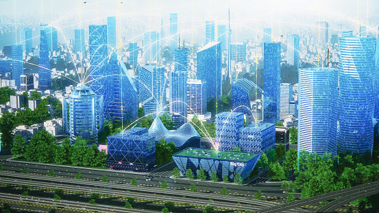 Futuristic City Concept. Wide Shot of Digitally Generated Urban Megapolis at Sunset with Rendered Skyscrapers Showing Global Big Data Connections, Information Flow, Artificial Intelligence Technology.