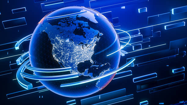 globe rotatif généré numériquement pour une utilisation en arrière-plan dans des vidéos, des reportages et des fonds d’écran. 3d planète terre tournant avec des lignes abstraites conceptuelles tournant autour et en arrière-plan. - effet visuel photos et images de collection