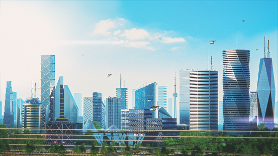 Futuristic City Concept. Wide Shot of an Digitally Generated Modern Urban Megapolis with Rendered Skyscrapers, Cozy Park, Flying Vehicles. Daytime Cityscape Scenery of Financial District.