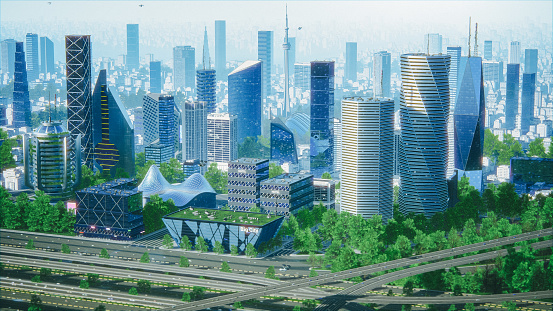 Futuristic City Concept. Wide Shot of an Digitally Generated Urban Megapolis with Creative Skyscrapers with Banks, Offices, Hotels, Autonomous Flying Drones, Highway with Cars and Clear Blue Sky.