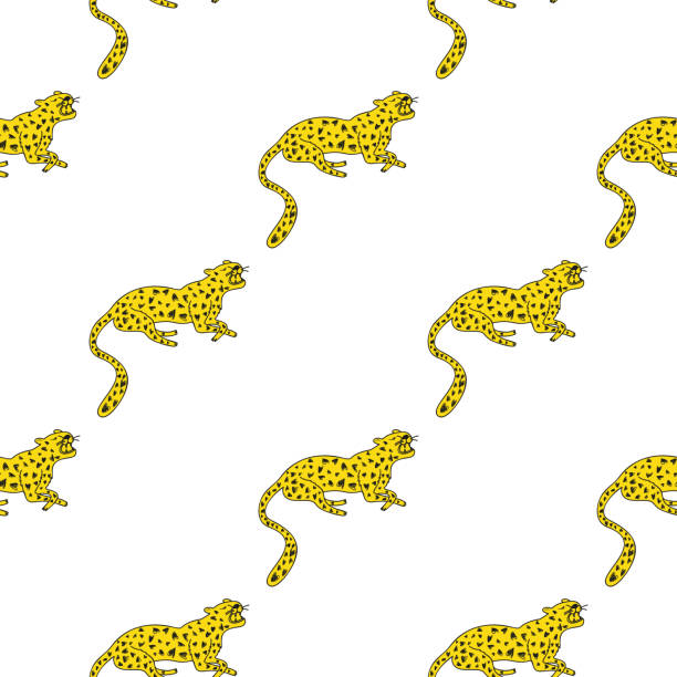 Decorative seamless pattern with doodle cute leopard. Hand drawn cheetah endless wallpaper. Decorative seamless pattern with doodle cute leopard. Hand drawn cheetah endless wallpaper. Wild animals background. Design for fabric, textile, wrapping, illustration cute cheetah print cartoon stock illustrations