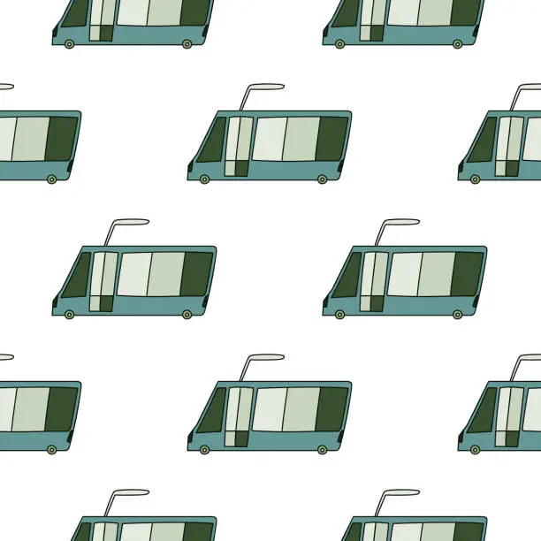 Vector illustration of Cute trolleybus seamless pattern. City transport wallpaper. Kids electric vehicle background