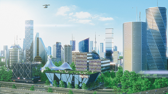 Futuristic City Concept. Wide Shot of an Digitally Generated Modern Urban Megapolis with Rendered Skyscrapers, Cozy Park, Flying Vehicles. Daytime Cityscape Scenery of Financial District.