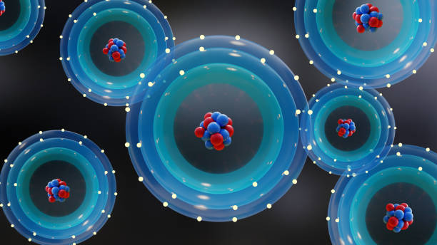 atomanatomie, atommodell oder -struktur, elektronen, die die kernteilchen, das atom und seine elektronenwolke umkreisen. quantenmechanik und atom, neutronen und protonen, 3d-rendering - physics atom electron chemistry stock-fotos und bilder