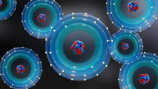 Photo of Atom anatomy, Atomic model or structure , electrons orbiting the nucleus particles, atom and its electron cloud. Quantum mechanics and atomic, Neutrons and protons, 3d render