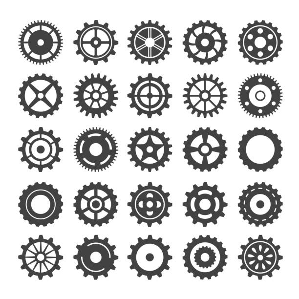 다른 기어 휠 세트. 흰색 배경에 고립되어 있습니다. 흑백. - bicycle gear 이미지 stock illustrations