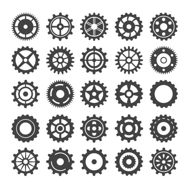 ilustrações de stock, clip art, desenhos animados e ícones de set of different gear wheel. isolated on white background. black and white. - equipment
