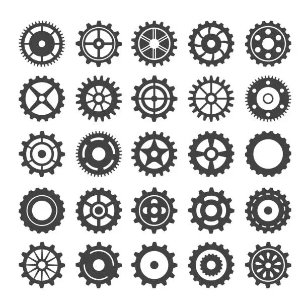Vector illustration of Set of different gear wheel. Isolated on white background. Black and white.