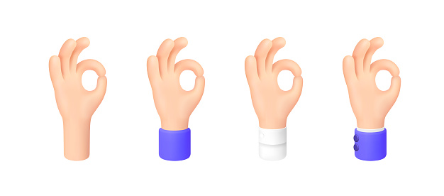 Ok Sign. Okey - Hand Gesture. Set of 3d Cartoon Character Hand with different sleeves. Icon for Apps, Web, T-shirts, Advertising, Posters etc. isolated on white. 3D Render Vector Illustration