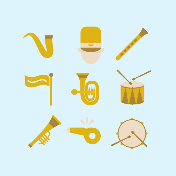 ilustraciones, imágenes clip art, dibujos animados e iconos de stock de marcha banda iconos diseño vector plano aislado ilustración vectorial - trumpet brass instrument marching band musical instrument