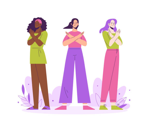 Break The Bias women's day 2022 concept. Poster with a group of women of different ethnic group crossed their arms. Raise awareness against prejudice. Break The Bias women's day 2022 concept. Poster with a group of women of different ethnic group crossed their arms. Raise awareness against prejudice. Flat vector illustration gender change stock illustrations