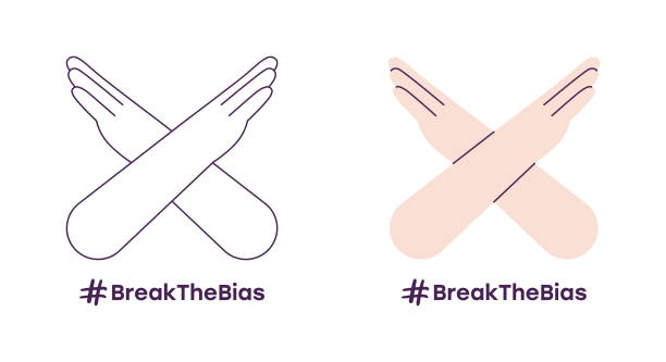 break the bias frauentag 2022 konzept. poster mit 2 paar verschränkten armen und slogan. sensibilisierung für vorurteile. ergreifen sie maßnahmen für die gleichberechtigung. - arme verschränkt stock-grafiken, -clipart, -cartoons und -symbole