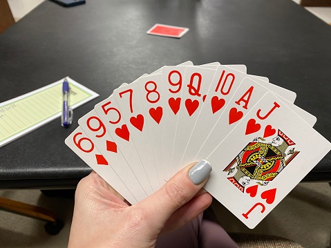 Pinochle hand of diamond and heart cards