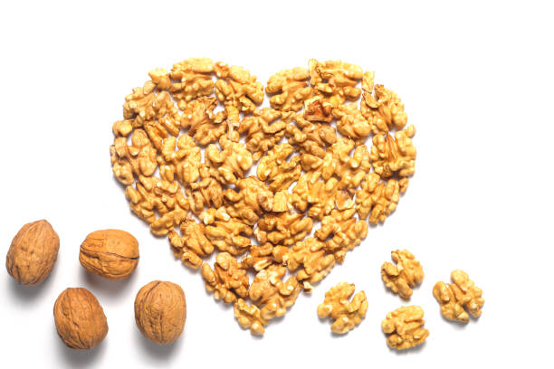 walnut in the shape of a heart on a white background. - healthy eating macro close up nut imagens e fotografias de stock