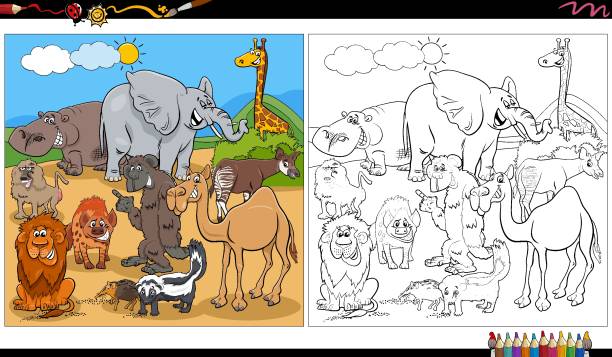 ilustraciones, imágenes clip art, dibujos animados e iconos de stock de dibujos animados personajes de animales salvajes grupo de dibujos animados dibujo o colorear - monkey baboon elephant ape