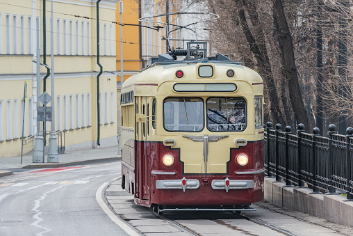 Vintage tram on the town street in the historical city center. Moscow. Russia.
