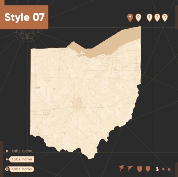 Ohio, USA - vintage vector map isolated on black background. Sepia map, outline style. Vector illustration. Vector template for website, design, cover, infographics.