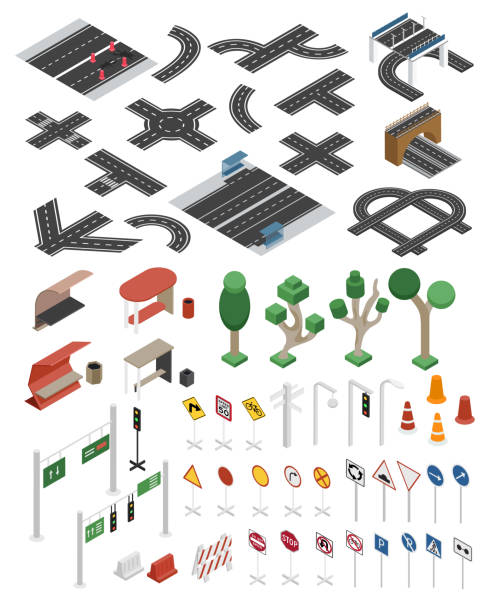 도로 부품 요소, 도로 표지판, 나무 아이소메트릭 그림 - road sign turning sign traffic stock illustrations