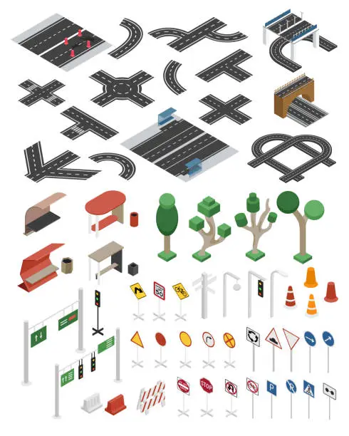 Vector illustration of Road Parts Elements, Road Signs, Trees Isometric illustration