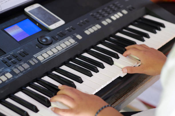 istock Musician's hand playing a keyboard instrument 1408921009