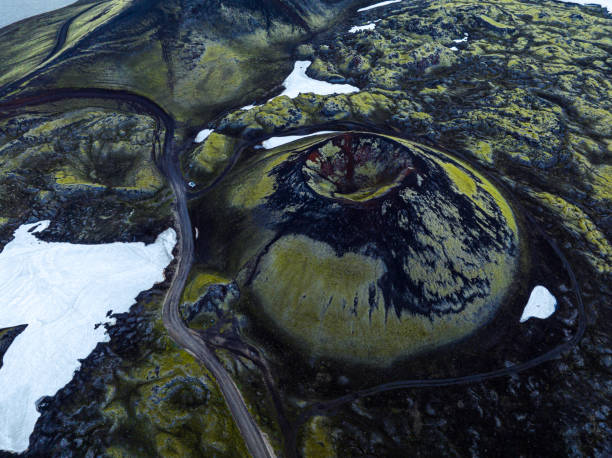 Drone point of view directly above volcano abstract background in Landmannalaugar Iceland