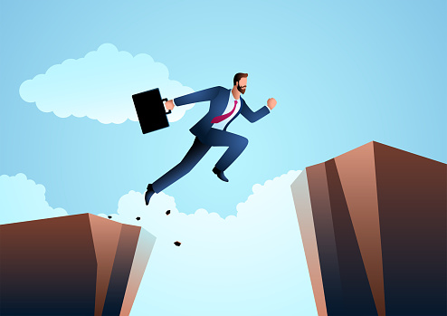 Vector illustration of a businessman jumps over the ravine. Challenge, obstacle, optimism, determination in business concept