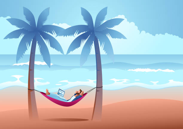 Man lying in a hammock swing at beautiful beach vector art illustration