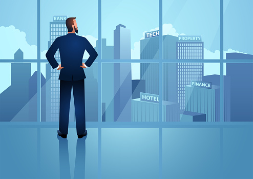 Back view of successful businessman looking at his business empire from his office window, vector illustration