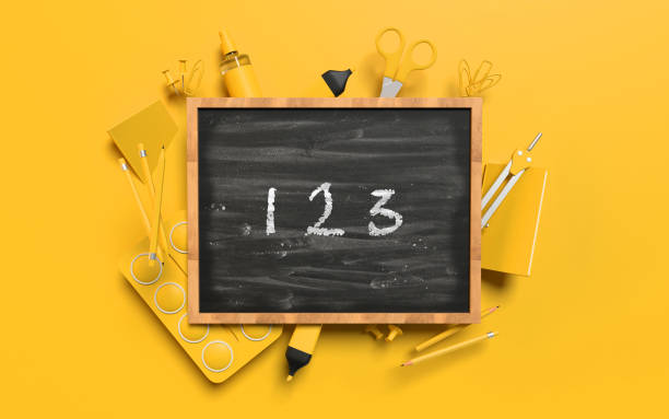 Back to School 123 counting math concept with school equipment behind a blackboard against yellow orange background. Educational concept. Easy to crop for all your design and print needs.