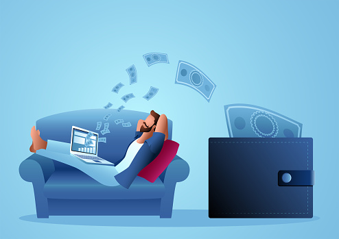 Man relaxing on sofa while money comes out from his laptop, passive income, freelancer, work from home concept, vector illustration