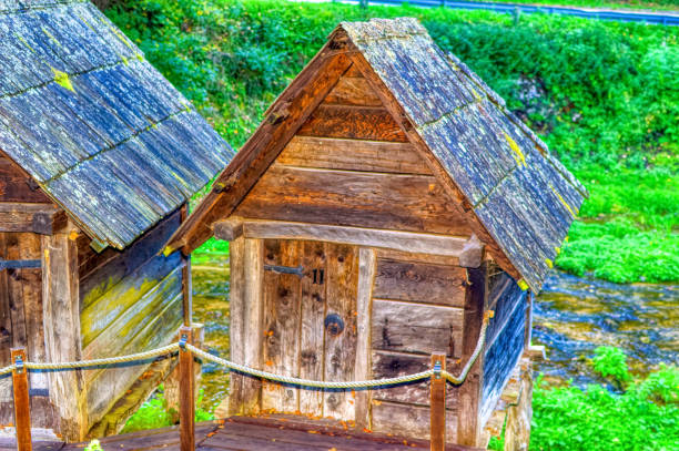Old wooden watermills in Jajce, Bosnia and Herzegovina.