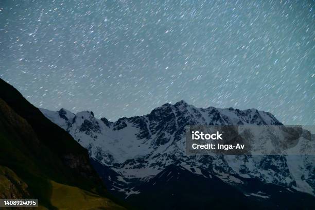 Beautiful Night Landscape Beatuful Shkhara Mountains Under Starry Sky Stock Photo - Download Image Now